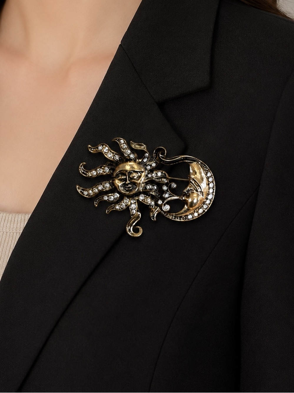 New!Gold Sun and Moon  Brooch - Women Jewelry